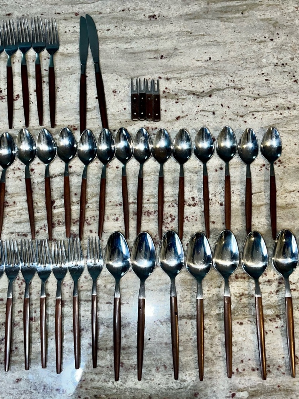 49 PIECES ECKO ETERNA FLATWARE / MCM / BROWN WOOD HANDLE FORGED STAINLESS /JAPAN